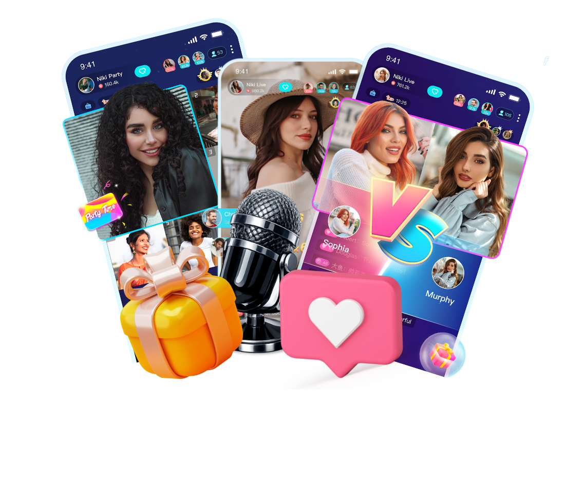 Official Niki Live Agency multiple live streamers broadcasting with coins, gifts, and party celebration