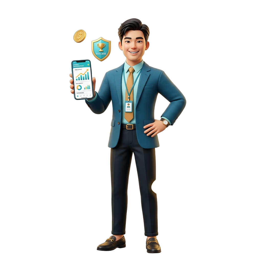 Official Niki Live Agency Leader standing proudly with team dashboard and upward growth arrow