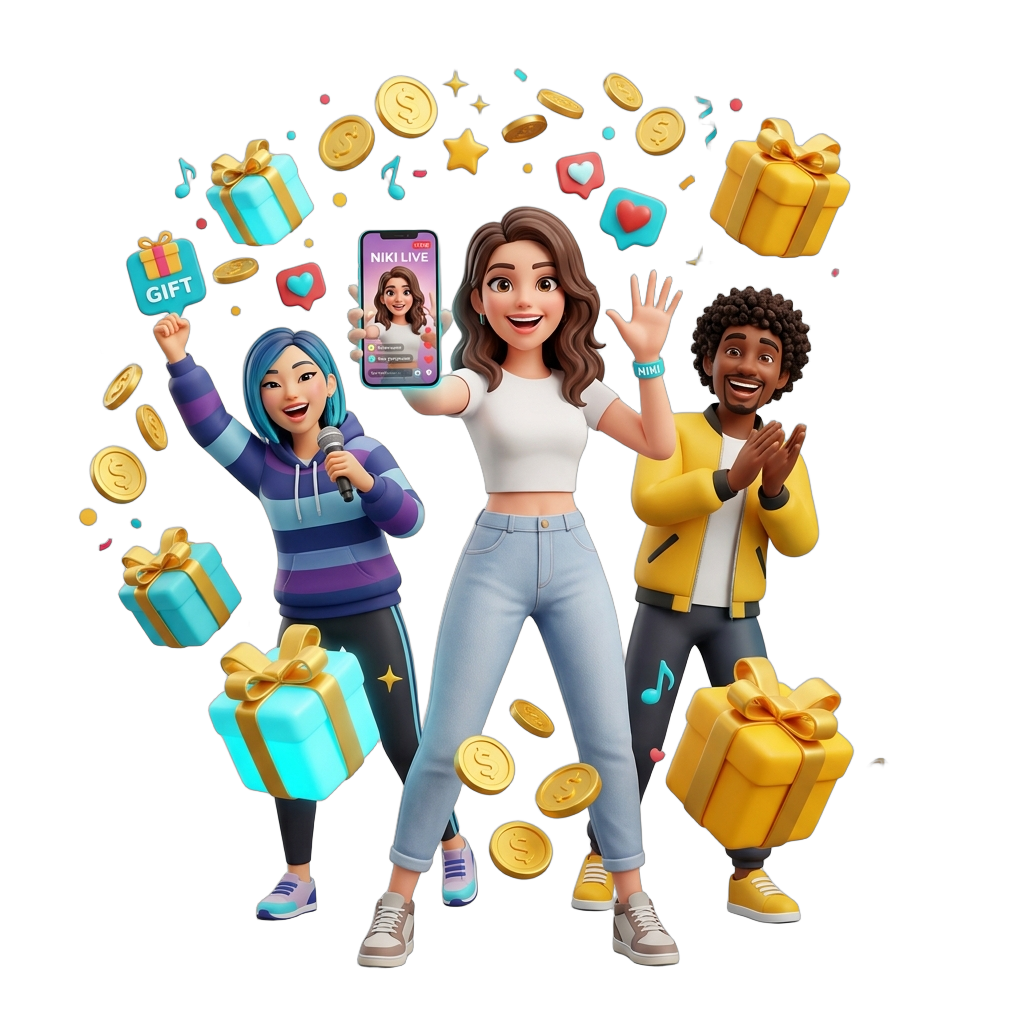 Official Niki Live Agency multiple live streamers broadcasting with coins, gifts, and party celebration